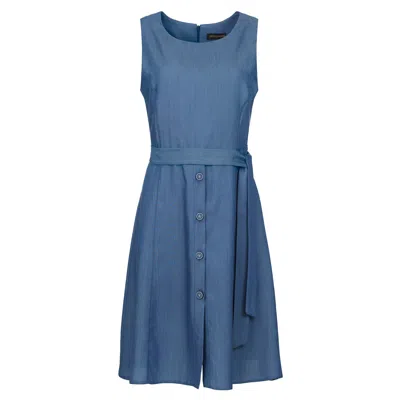 Conquista Women's Blue Sleeveless Dress With Belt & Button Detail