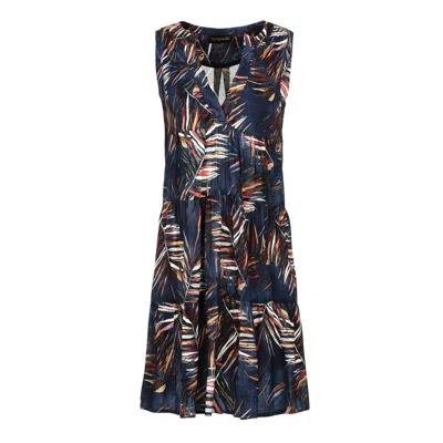 Conquista Women's Blue Sleeveless Leaf Print A Line Dress