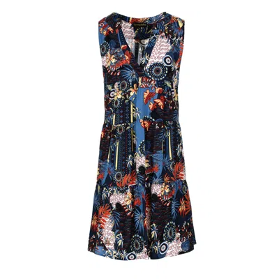 Conquista Women's Blue Sleeveless Navy Flora Print A Line Dress