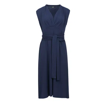 Conquista Women's Blue Sleeveless V-neck Jersey Dress With Wrap Belt - Navy