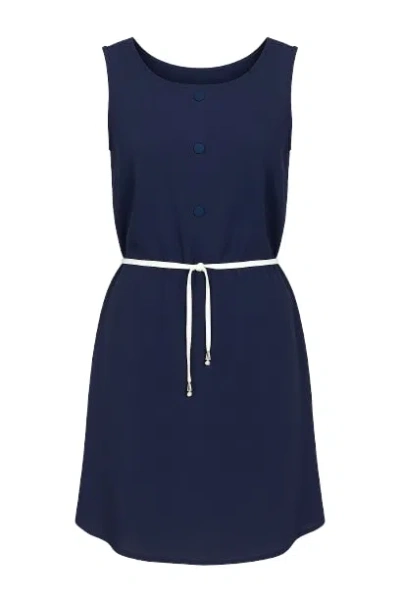 Conquista Women's Blue Solid Colour Straight Dress With Belt