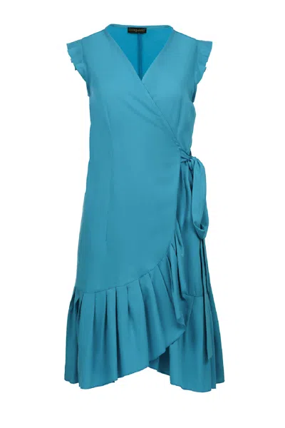 Conquista Women's Blue Teal Sleeveless Ruffled Wrap Dress In Viscose Poplin