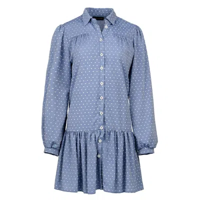 Conquista Women's Blue / White Denim Style Embroidered Dress With Buttons In Blue/white