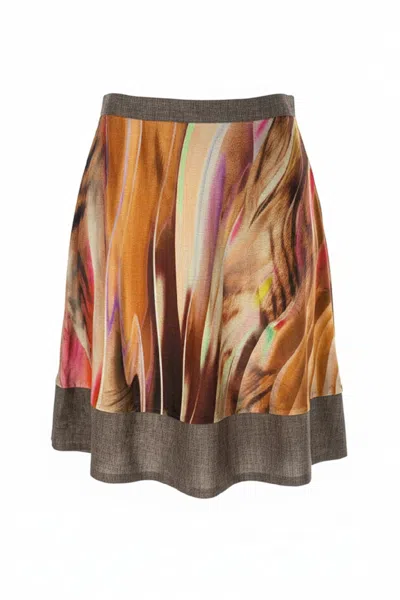 Conquista Women's Brown A-line Skirt With Abstract Brushstroke Print & Contrast Hem In Multi