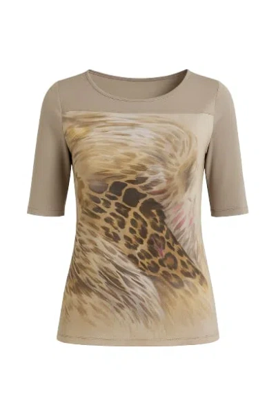 Conquista Women's Brown Animal Print & Solid Colour Top