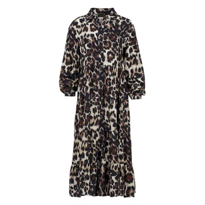 Conquista Women's Brown Animal Print Tiered Dress With Button Detail