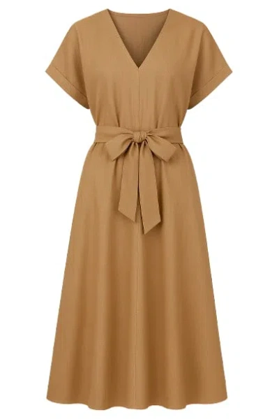 Conquista Women's Brown Beige Linen Style Belted Midi Dress