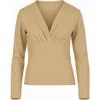 Conquista Women's Brown Biscuit Long Sleeve Faux Wrap Top In Stretch Jersey Sustainable Fabric
