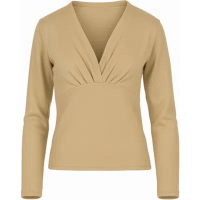 Conquista Women's Brown Biscuit Long Sleeve Faux Wrap Top In Stretch Jersey Sustainable Fabric