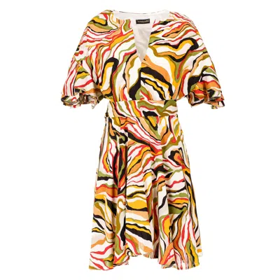 Conquista Women's Brown Brick Colour Print Dress With Ruffle Sleeves