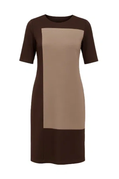 Conquista Women's Brown Contrast Fabric Shift Dress Camel