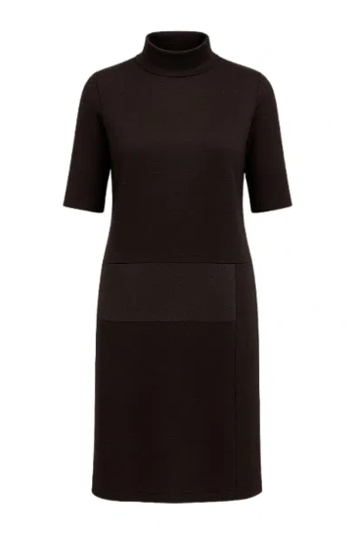 Conquista Women's Brown Elbow Sleeve Woven Punto Di Roma Fitted Dress With Stand Up Collar