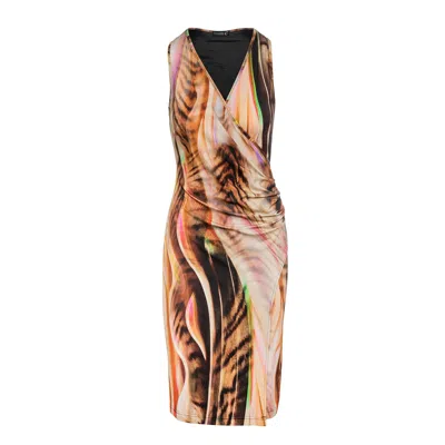 Conquista Women's Brown Floral Print Wrap Style Sleeveless Dress