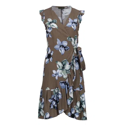 Conquista Women's Brown Floral Wrap Dress With Ruffled Hem - Linen-style Viscose
