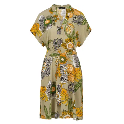Conquista Women's Brown Linen Style Bold Floral Print Dress With Mandarin Collar