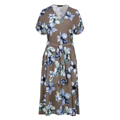 Conquista Women's Brown Linen Style Floral Print Midi Dress With Belt