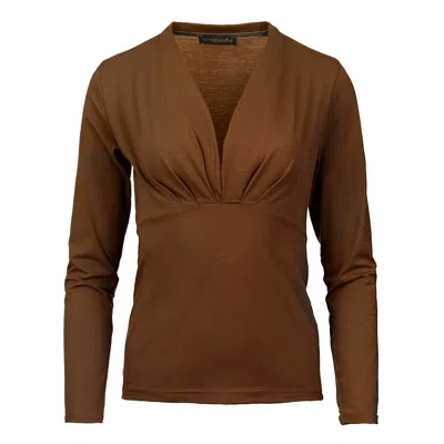 Conquista Women's Brown Long Sleeve Chocolate Faux Wrap Top In Stretch Jersey Sustainable Fabric