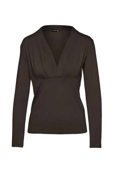 Conquista Women's Brown Long Sleeve Faux Wrap Top In Stretch Jersey Sustainable Fabric