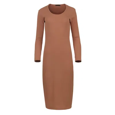 Conquista Women's Brown Long Sleeve Round Neck Midi Dress In Ribbed Cotton-elastane Chocolate