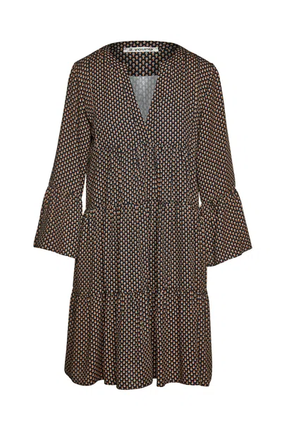 Conquista Women's Brown Print Gathered Seams Dress With Bell Sleeves