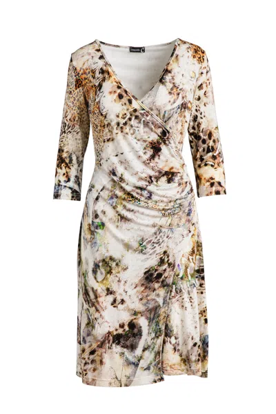 Conquista Women's Brown Print Jersey Faux Wrap Dress In Beige