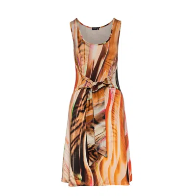 Conquista Women's Brown Print Sleeveless Dress With Tie Waist