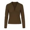 Conquista Women's Brown Seal Long Sleeve Faux Wrap Top In Stretch Jersey Sustainable Fabric