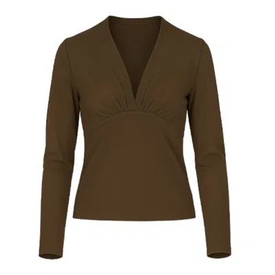 Conquista Women's Brown Seal Long Sleeve Faux Wrap Top In Stretch Jersey Sustainable Fabric