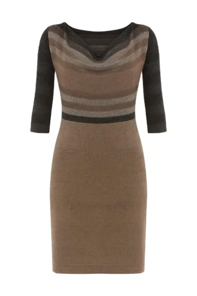 Conquista Women's Brown Stripe Detail Elbow Sleeve Knit Dress With Lining