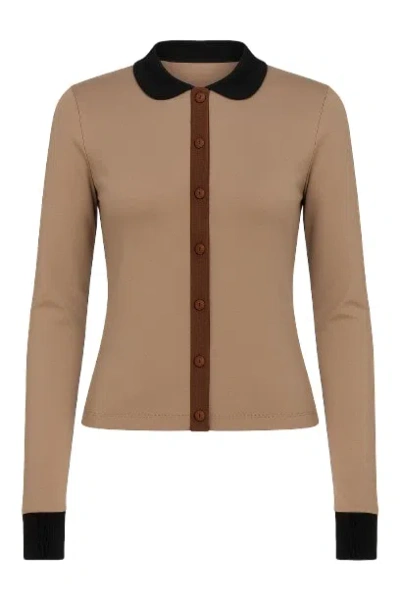 Conquista Women's Brown Three Tone Jersey Shirt With Peter Pan Collar