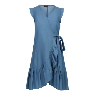 Conquista Women's Chic Sleeveless Wrap Dress With Ruffled Hem - Blue