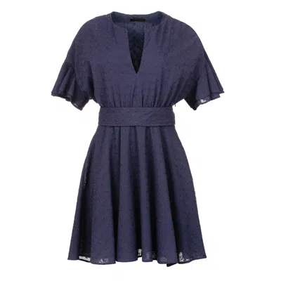 Conquista Women's Dark Blue Embroidered Dress With Ruffle Sleeves