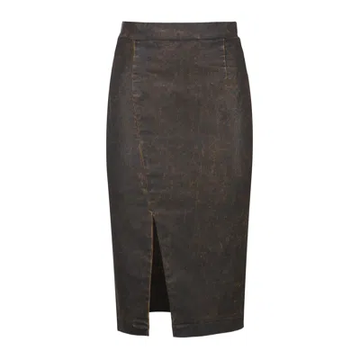 Conquista Women's Dark Brown Washed Jean-effect Midi Skirt – Front Slit, Hidden Zipper