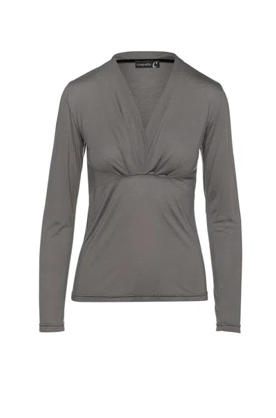 Conquista Women's Dark Grey Cashmere Blend Long Sleeve Faux Wrap Top In Stretch Jersey Sustainable Fabric
