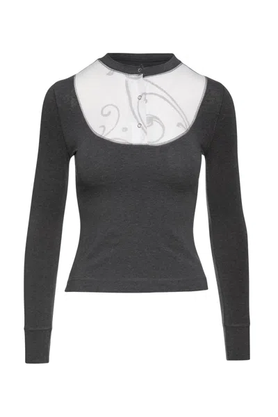 Conquista Women's Dark Grey Top With Poplin Detail