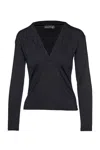 Conquista Women's Elegant Black V-neck Long Sleeve Top – Heavy Jersey Stretch Blouse In Black