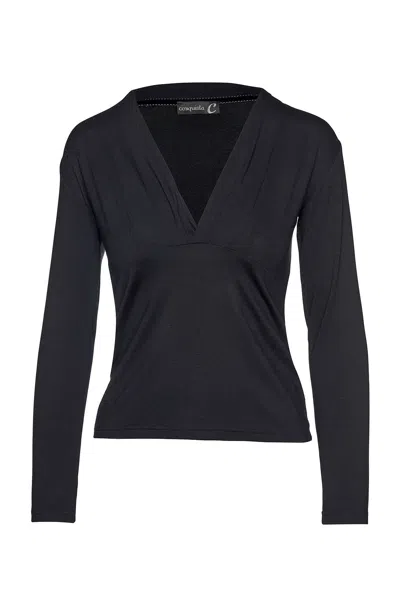 Conquista Women's Elegant Black V-neck Long Sleeve Top – Heavy Jersey Stretch Blouse