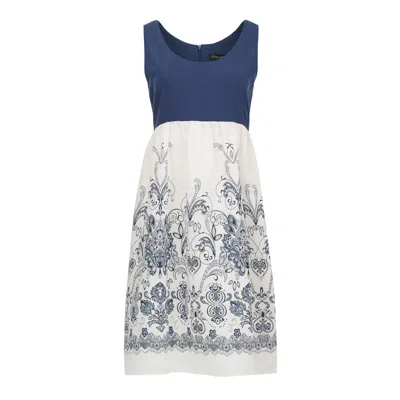 Conquista Women's Elegant Sleeveless A-line Dress With Embroidered Skirt - Blue & White