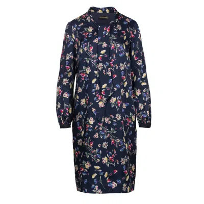 Conquista Women's Floral Print Long Sleeve Dress With Tie Collar In Blue