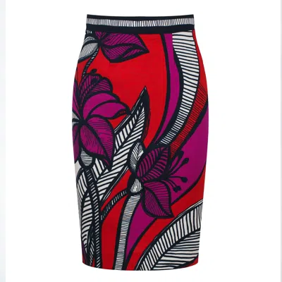 Conquista Women's Floral Print Pencil Midi Skirt – Bold Colors, Elastic Waist, Back Slit In Multi