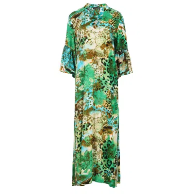 Conquista Women's Green Animal Print Kaftan Style Maxi Dress