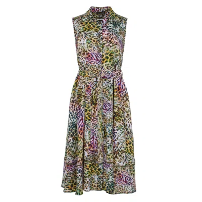 Conquista Women's Green Animal Print Sleeveless Dress With Belt