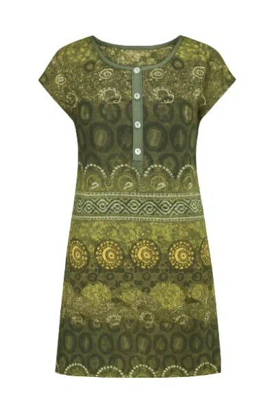 Conquista Women's Green Button Detail Print Dress