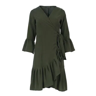 Conquista Women's Green Dark Olive Wrap Dress With Ruffle Detail – Viscose Blend