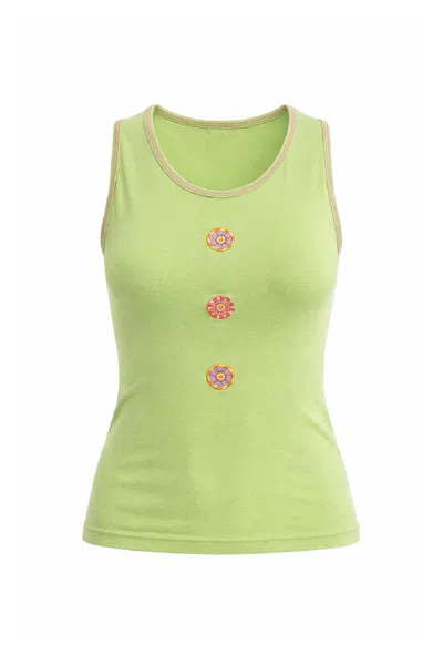 Conquista Women's Green Embellished Sleeveless Cotton Tank Top