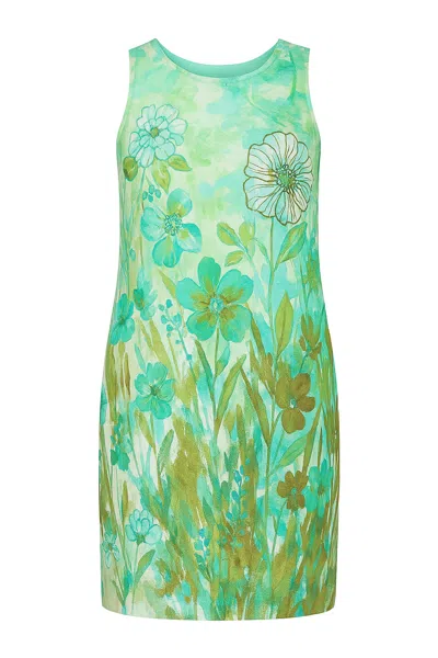 Conquista Women's Green Floral Light Voile Sleeveless Dress With Pockets