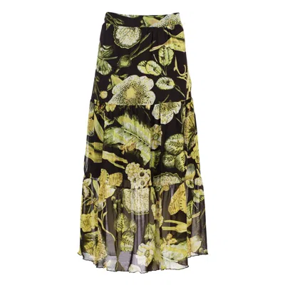 Conquista Women's Green Floral Print Sheer Tiered Skirt – Semi-maxi Length, Elastic Waist