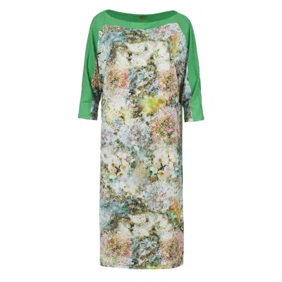 Conquista Women's Green Garden Bloom Midi Dress With Batwing Sleeves