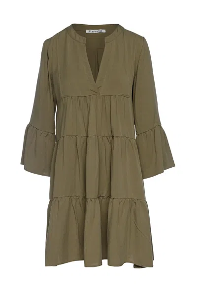 Conquista Women's Green Khaki Tencel Gathered Seams Dress