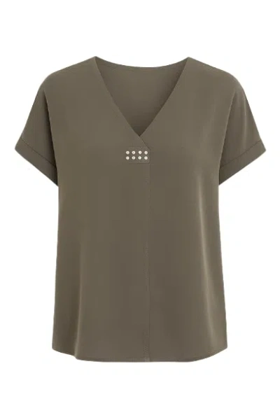 Conquista Women's Green Khaki V Neck Top With Metallic Motif